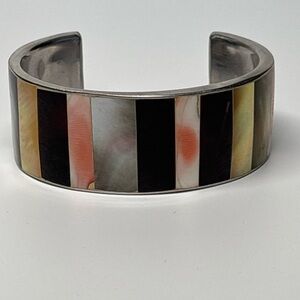 Wide Inlay Cuff Bracelet | Silver Tone | Stone & Shell | Statement Cuff